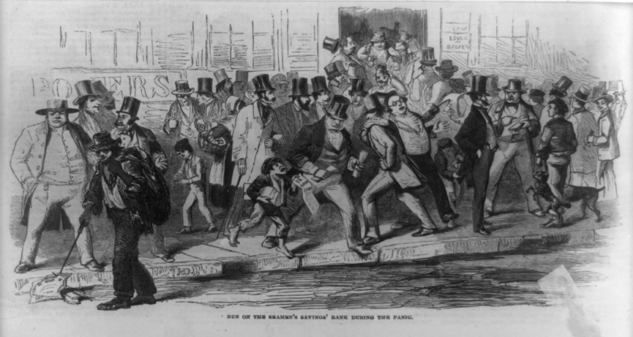 P&aacute;nico bancario en el Seamen's Savings Bank durante el P&aacute;nico de 1857. 31 de octubre de 1857. Harper's Weekly. Library of Congress<br />
