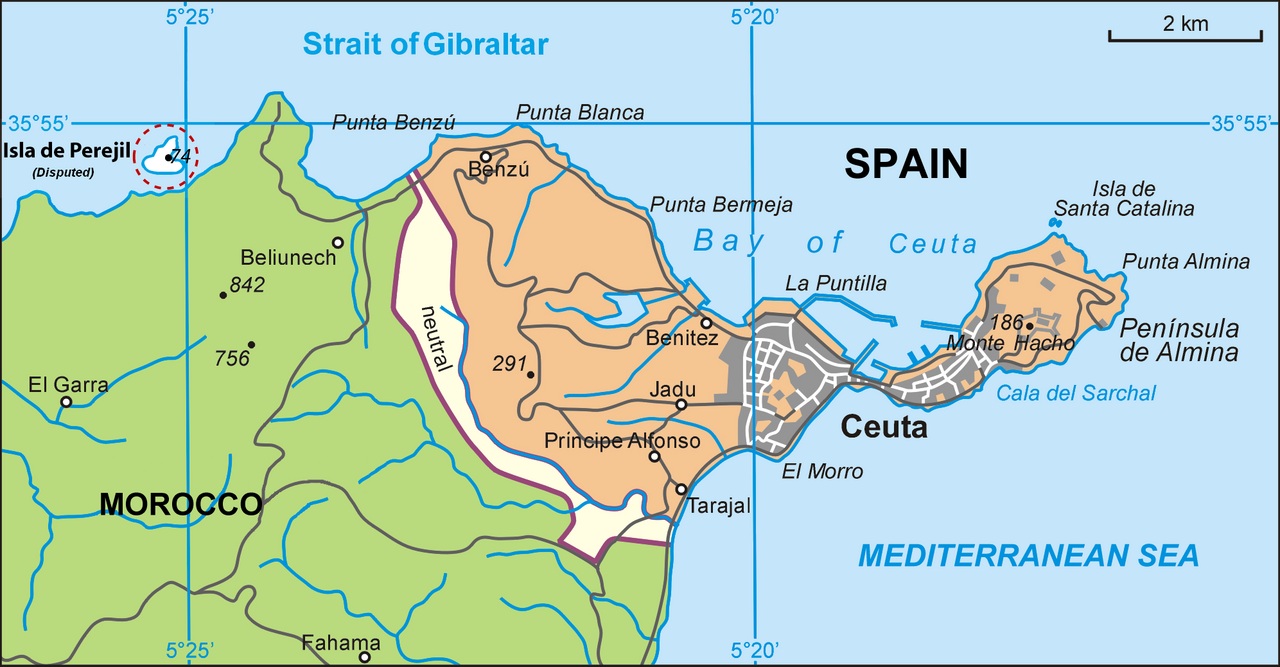 Mapa de Ceuta (neutral). Wikimedia Commons.