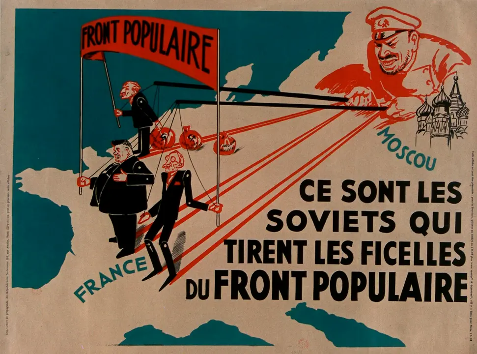 <p>Cartel anticomunista del Centro de Propaganda de los Republicanos Nacionales que representa a los sovi&eacute;ticos manipulando desde Mosc&uacute; a los l&iacute;deres de la coalici&oacute;n de partidos del Frente Popular franc&eacute;s: &Eacute;douard Herriot (Partido Radical), L&eacute;on Blum (SFIO) y Marcel Cachin (PCF).&nbsp;Biblioth&egrave;que nationale de France, d&eacute;partement Estampes et photographie, ENT QB-1 (1936)-FT6</p>
