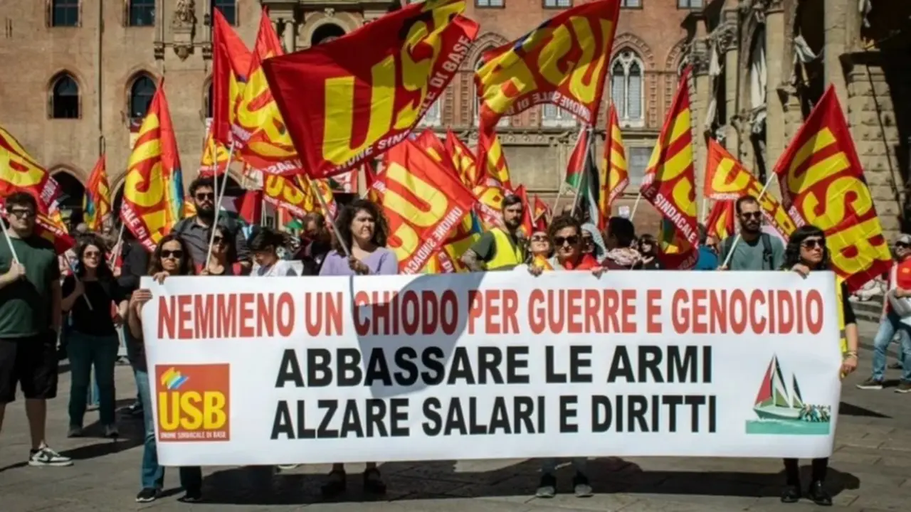 Movilizaci&oacute;n en Bolonia de la Unione Sindicale di Base contra las pol&iacute;ticas de rearme y genocidio decidas por las elites de la Uni&oacute;n Europea y del capitalismo atl&aacute;ntico: ni un clavo para la guerra y el genocidio, 28 de mayo de 2026 &ndash; Unione Sindicale de Base.