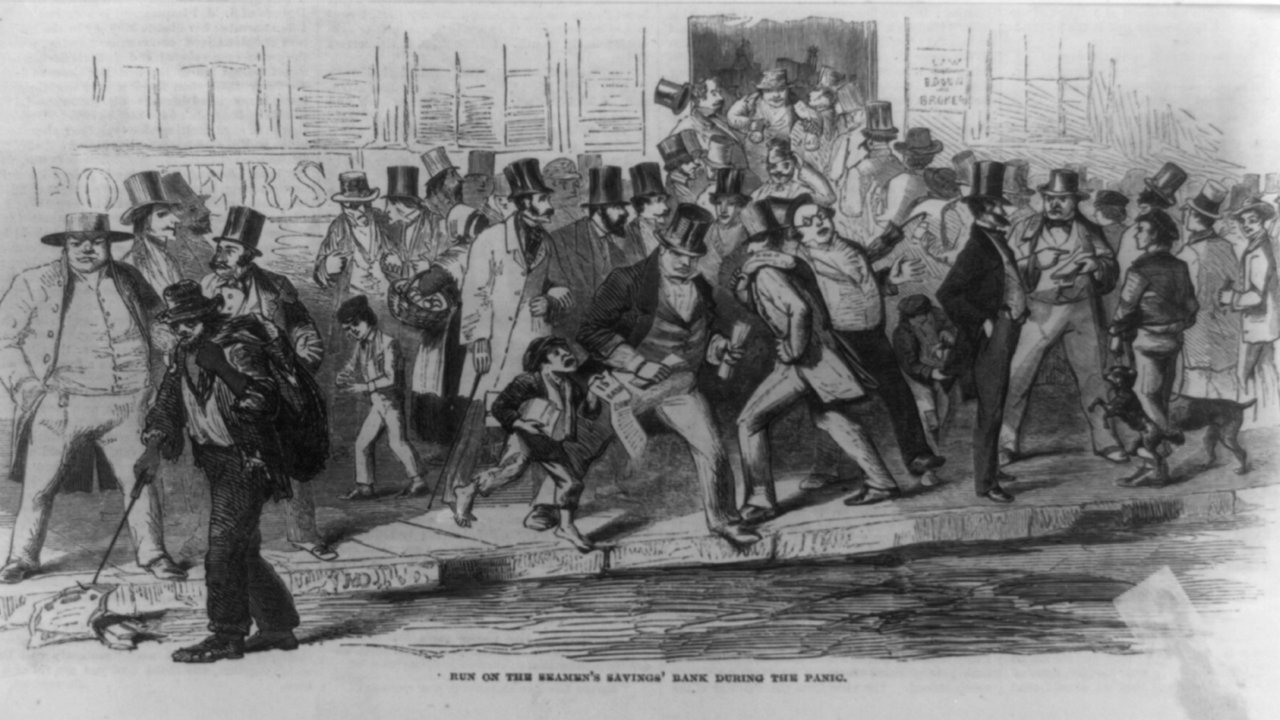 P&aacute;nico bancario en el Seamen's Savings Bank durante el P&aacute;nico de 1857. 31 de octubre de 1857. Harper's Weekly. Library of Congress<br />
