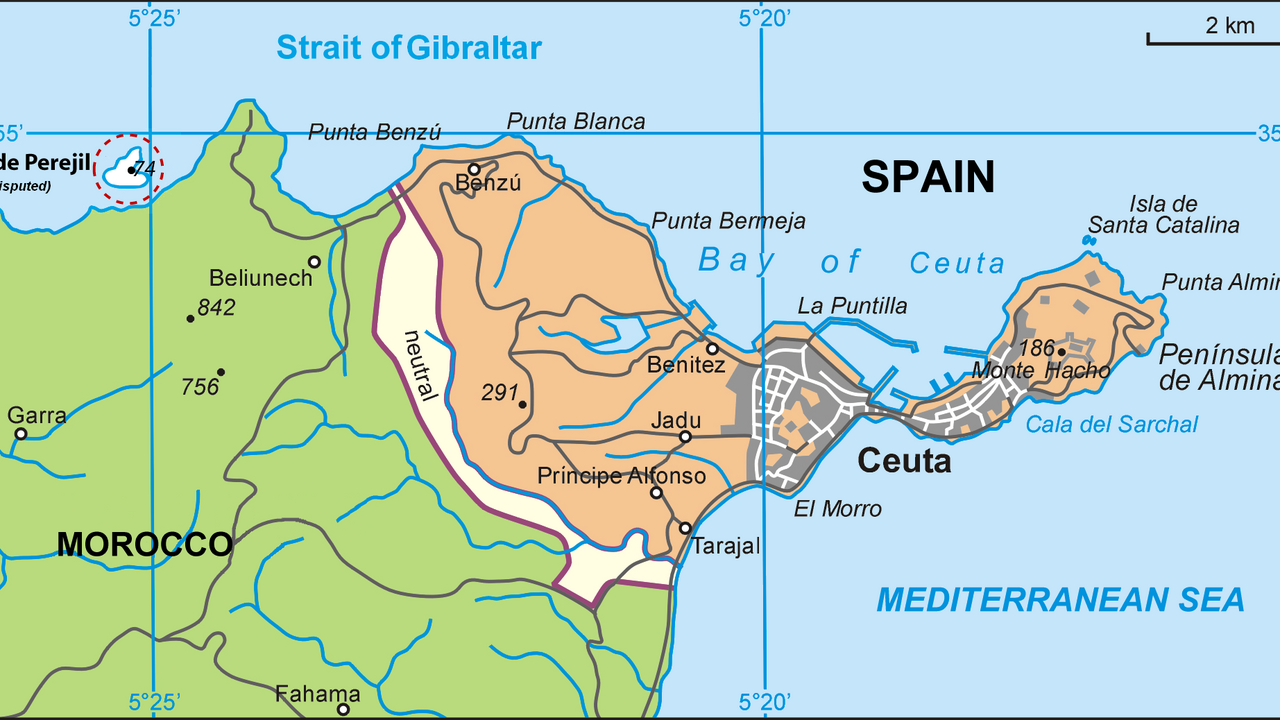 Mapa de Ceuta (neutral). Wikimedia Commons.