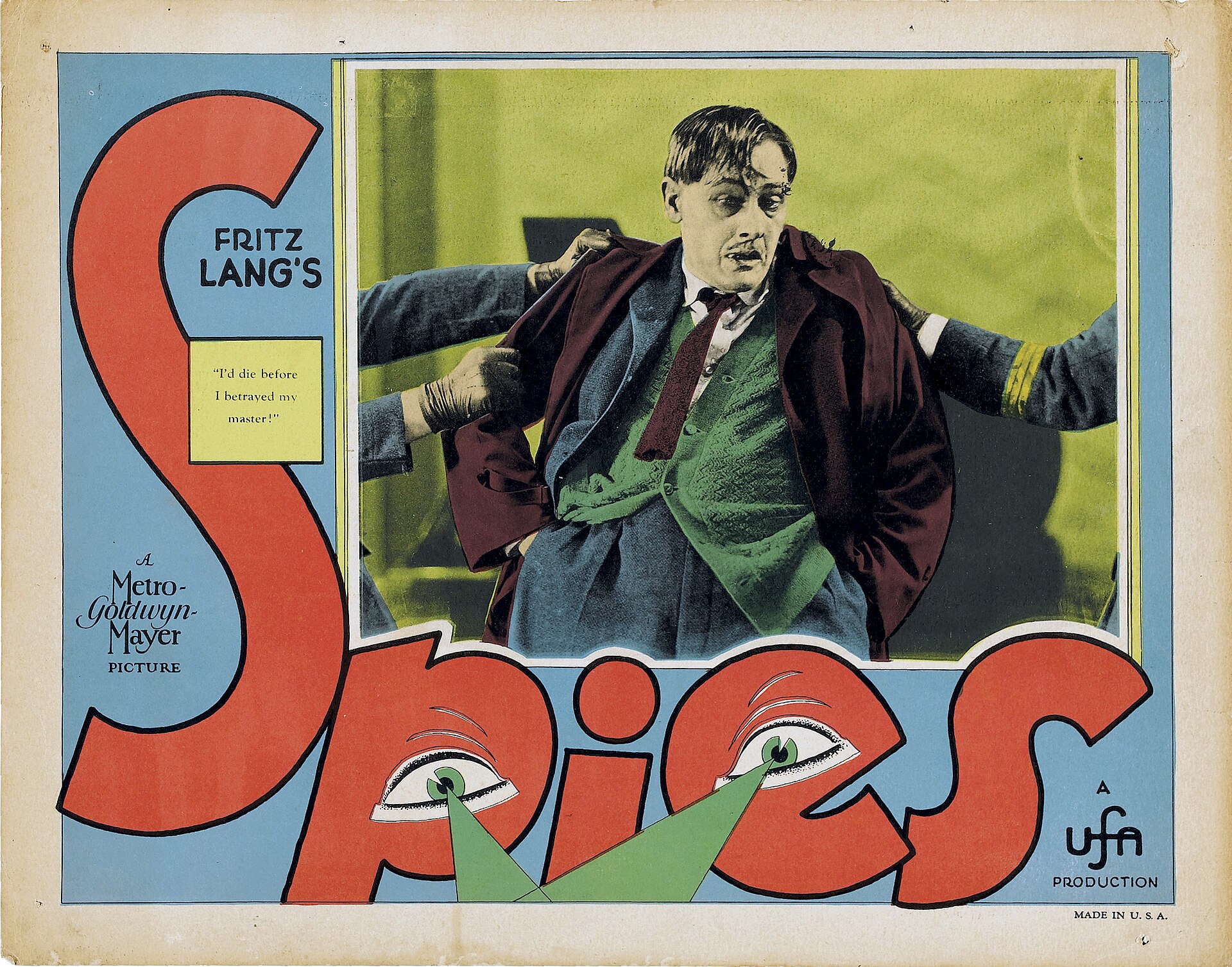 <p>Fotograma publicitario estadounidense de la película alemana <i><em>Spione</em></i> (título en inglés: <i><em>Spies</em></i>) (1928). Wikimedia Commons.</p>
