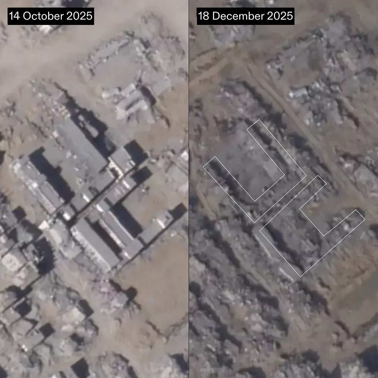 Las imágenes de satélite del 14 de octubre de 2025 (izquierda) y diciembre de 2025 (derecha) muestran la destrucción de dos escuelas de la UNRWA al oeste de la «línea amarilla», fuera de la zona de control del ejército israelí.